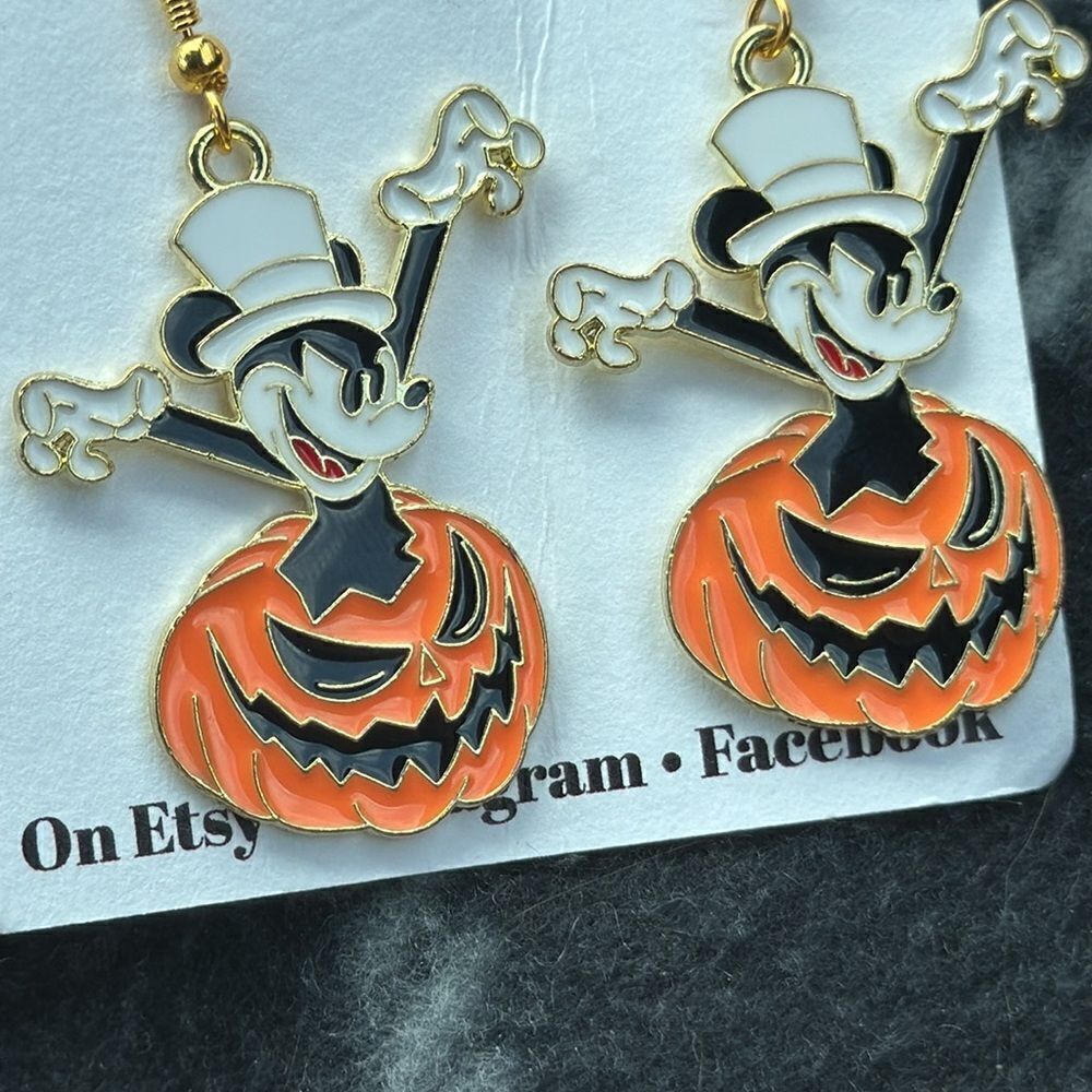 Scary mickey mouse pumpkin earrings with bonus pair of skeleton key earrings - Picture 2 of 4